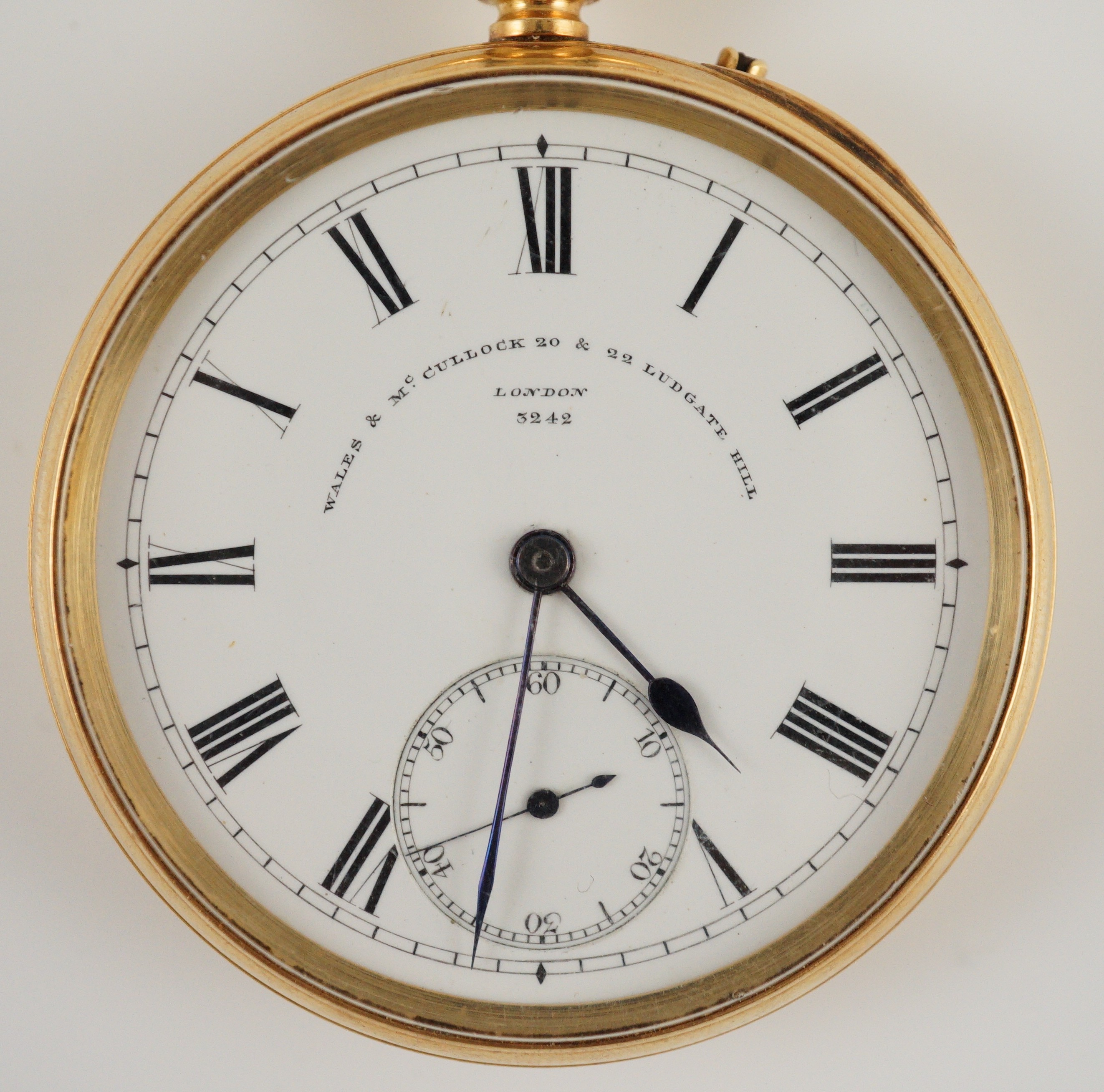 A late Victorian 18ct gold open face keyless lever pocket watch, by Wales & McCullock, Ludgate Hill, London